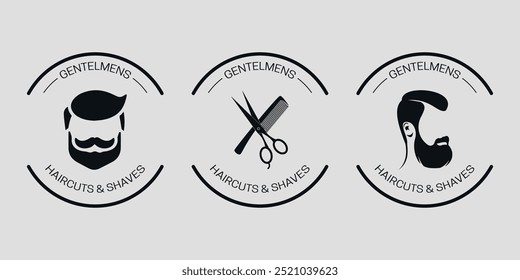 Conjunto de logotipos negros de barbería. Vector sobre un fondo gris