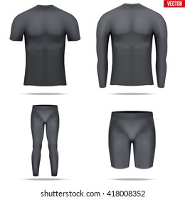 Set of Black Base layer compression shirt with long and short sleeve. Shorts and pants. Sample typical technical illustration.  Vector Illustration isolated on white background