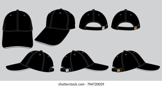 Set Black Baseball Cap Vector for Template, Strap back with brass and silver buckle.