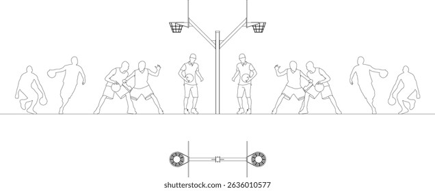 Set of black basketball player silhouettes in various action poses isolated on a white background. Perfect for sports design projects, posters, team logos, and vector illustration use.