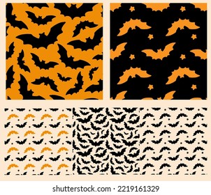 a set of black bat silhouette pattern for Halloween packaging design template. a collection of seamless patterns of a soaring bat with pointed ears and outstretched wings and stars with orange is draw