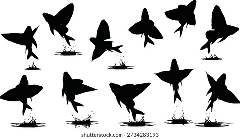 A set of black bat silhouettes in different flying positions and some at rest, showcasing various wing and body shapes.