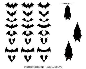 Set of black bat silhouettes isolated on white background. Halloween decorations sticker. Bat flying, hovering, sleeping. Cartoon flat vector collection.