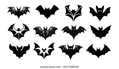 Set of black bat silhouettes in various flying and spooky styles