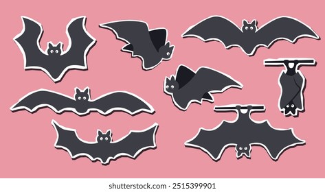 Set of black bats in different poses on pink background. Halloween concept. Halloween bats stickers.