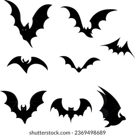 Conjunto de murciélagos negros aislados sobre fondo blanco. Ilustración vectorial de Halloween.
