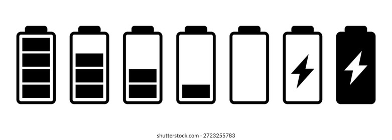Set of black battery icons vector silhouette on white background. displaying different charge levels from full to empty icon sign illustration design.