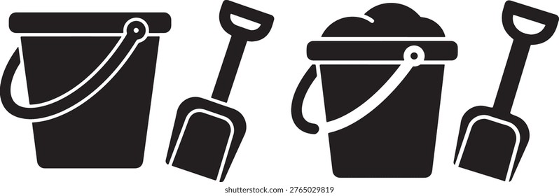 Set of black beach bucket and spade icons. Sand bucket symbol.