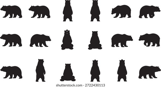 Conjunto de siluetas de oso negro en diversas poses para gráficos de vida silvestre, iconos de oso pardo y marrón para aventura en la naturaleza, logotipos de camping y emblemas al aire libre..eps