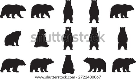 Set of black bear silhouettes for wildlife design, grizzly and brown bear icons in various poses like walking, standing and sitting for nature camping graphics..eps