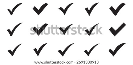 A set of black Beautiful check marks, a black color approval button, a check box icon sign and symbol, eps 10 vector set, accepts, acceptance, agree, agreements icons, 