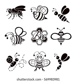 Set of black bee icons isolated on white background, illustration.