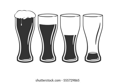 set of black beer glasses with beer on white background