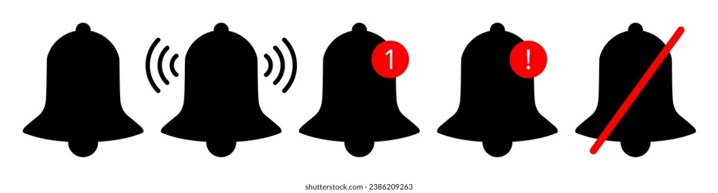 Set of black bell icons. Notification, ringing bell. New message. Alarm off, muted mode. Exclamation point	