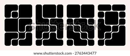 Set Of Black Bento Grid Composition With Modular Frames And Geometric Tiles. Bento Box Design Templates For Modern Web Pages, Social Media. Tile Panels In Different Proportions