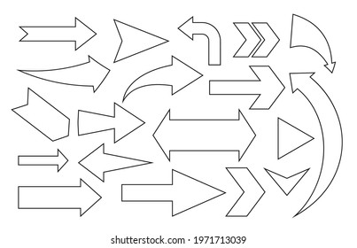 Set of black big linear arrow. Cursor contour navigation sign. Infographic element pointer. Simple graphic symbol up, left, right, down. Interface direction sign. Isolated on white vector illustration