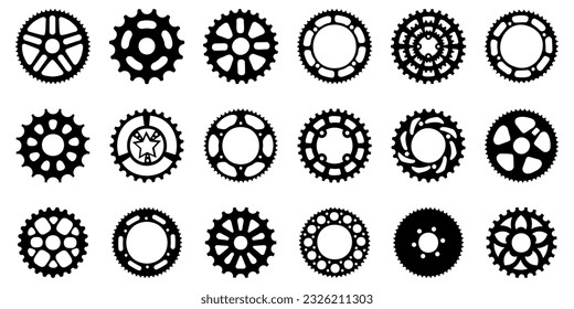 Set of black bike sprocket icon. Gear mechanism icon collection