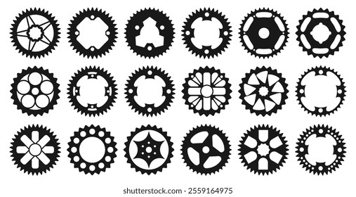 Set of black bike sprocket icons. Black bike sprocket signs