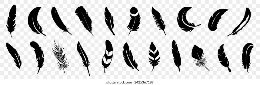 Set of black bird feather icon. Black feather collection. Set of detailed majestic feather. Feather icon collection