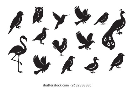 Set of black bird silhouette design bundle, wild flying birds illustration logo icon symbol