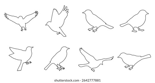 Set of black bird silhouettes. Line style birds vector. Editable stock.