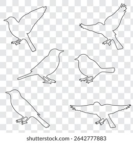 Set of black bird silhouettes. Line style birds vector. Editable stock.