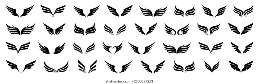 Set of black bird wing logo. Black wing symbol collection. Wing tattoo icons