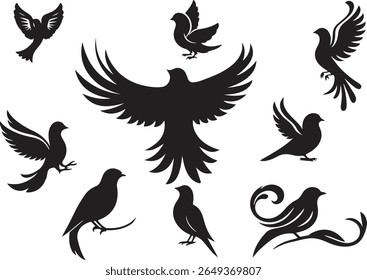 a set of black birds flying in different positions
