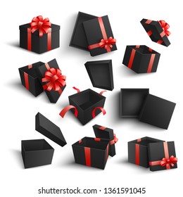 Set of black birthday gift boxes with red ribbon, festive present package with big bow with different angles, shapes and dynamic positions, isolated vector illustration on white background