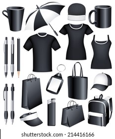 Set of black blank business corporate identity templates, gifts, packaging and souvenirs. Promotional. Vector. 