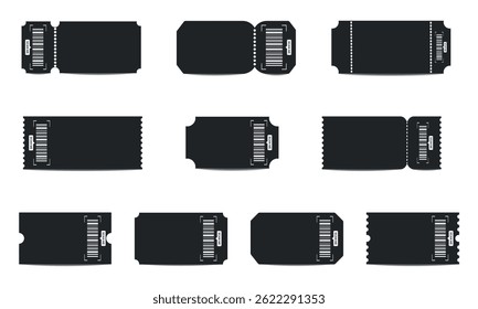 Set of black blank classic ticket templates with barcode. Isolated vector ticket on white background