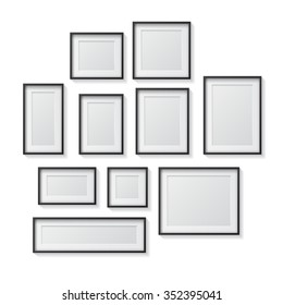 Set of Black Blank Picture Frames, hanging on a White Wall from the Front, isolated on white background. Vector illustration
Design Template for Mock Up. Square and rectangle shapes.