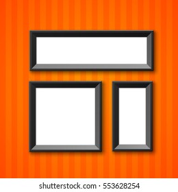 Set of Black Blank Picture Frames different sizes, hanging on a color Wall from the Front. Design empty Template for Mock Up. Vector illustration