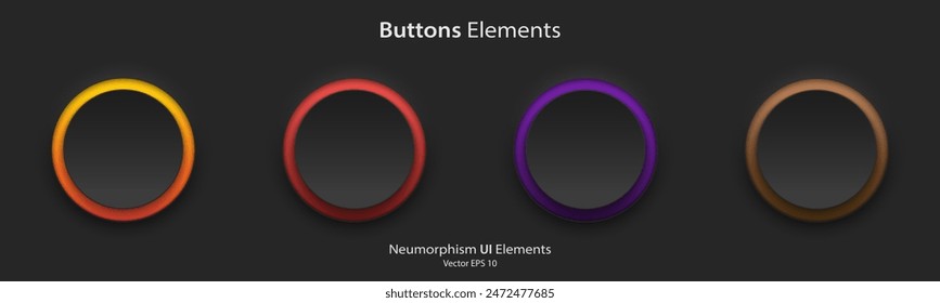 Un conjunto de Botones redondos en blanco negro con luz de neón colorido. Estilo de diseño de Botones de neumorfismo 3D para App, Sitios web, interfaces y App móviles. UI UX. Ilustración vectorial..