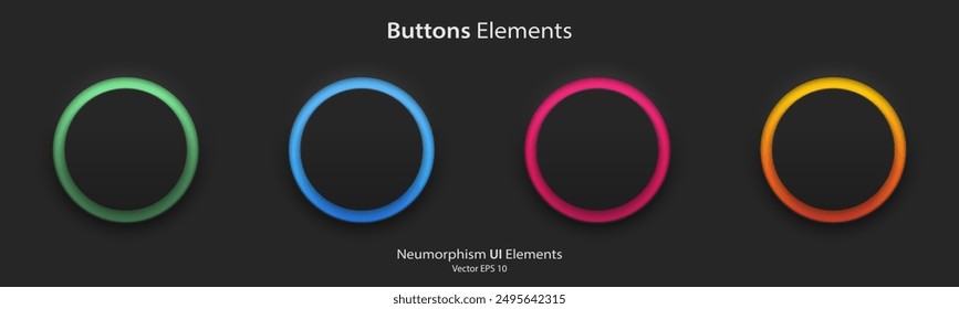 Un conjunto de Botones redondos en blanco negro con luz de neón colorido. Estilo de diseño de Botones de neumorfismo 3D para App, Sitios web, interfaces y App móviles. UI UX Ilustración vectorial.