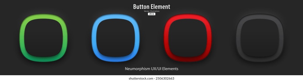 A set of black blank square buttons with light neon colors. Show on and off status. 3D Neumorphism buttons design style for Apps, Websites, Interfaces, and apps. UI UX. Vector illustration.