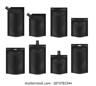 Set of black blank templates of food doypack with or without lid, realistic vector illustration isolated on white background. Mockup of food packaging for brand identity.