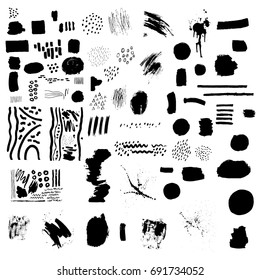 Set of black blemishes, brushes, lines. Dots, pen, brush, paint, texture, smear. Artistic design elements. Hand drawn vector illustrations on white background.