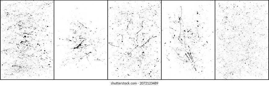 Set of black blobs isolated on white. Ink splash. Brushes droplets. Grainy texture background. Digitally generated image. Vector illustration, EPS 10.