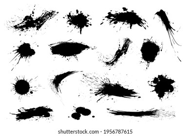 Set of black blots, brush strokes. Vector collection of artistic grungy black paint hand made creative brush stroke set isolated on white background. Grunge Design Elements. Vector illustration EPS10