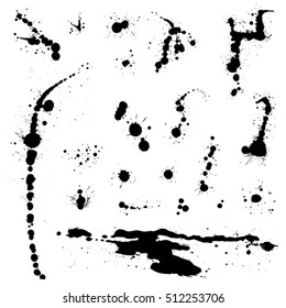 Set of black blots and ink splashes isolated on white background. Abstract elements for design in grunge style. 