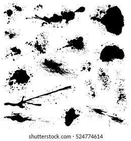 Set of black blots and ink splashes isolated on white background. Abstract elements for design in grunge style.