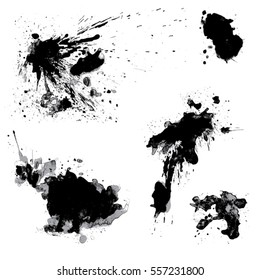 Satz von schwarzen Blüten und Tintenspritzen einzeln auf weißem Hintergrund. Abstrakte Elemente für Design im Grunge-Stil.