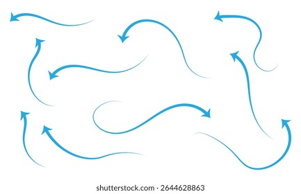 Conjunto de seta preta e azul mostrando o fluxo de ar ou vento. Direção do ar condicionado. Isolado sobre fundo branco. EPS 10 