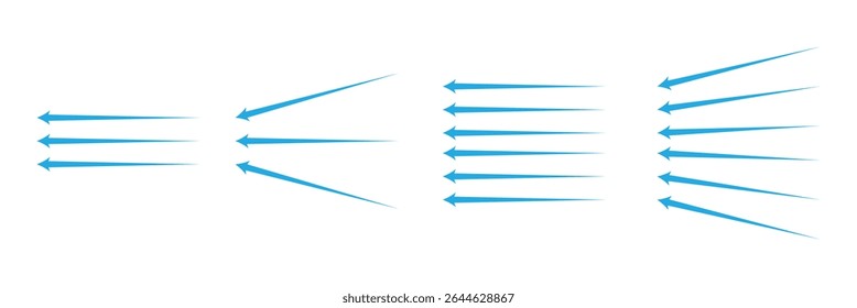 Set of black and blue arrow showing air or wind flow. Air conditioner direction. Isolated on white background . EPS 10 . 