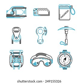 Set of black and blue flat line vector icons for outfit and equipment for rappelling, rock climbing on white background.