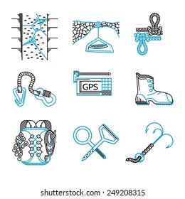 Set of black and blue flat line vector icons for outfit and equipment for rappelling, rock climbing on white background.