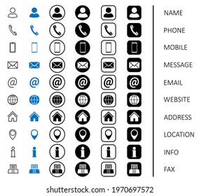 Set black, blue and line contact icons with the names, website icon symbol for contact us, communication signs - stock vector