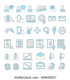 Set of Black and blue linear icons on white background