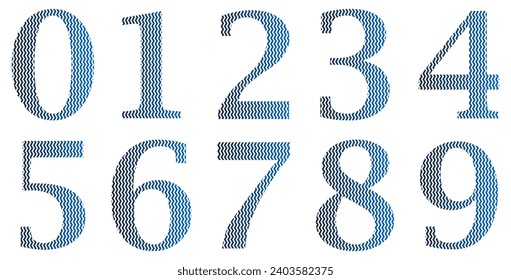 Set of black and blue numbers isolated on white. Alphabet with numbers. Vector graphic elements for design. Zigzag lines, wavy lines